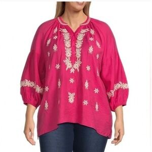 Calessa Womens 3X Pink Embroidered Split Neck Tunic NWT